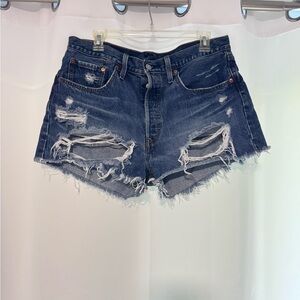 Levi's Dark Indigo Distressed Denim Cutoff Shorts 5 Button
